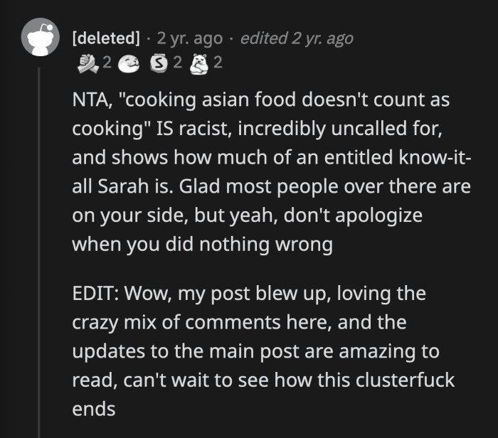 Even without the edits, no one thought OP should apologize to Sarah.