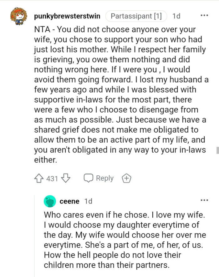 The OP only chose to support his son who had just lost his mother
