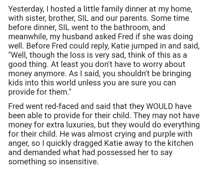OP hosted their family to a dinner. There, Katie made a very insensitive comment about Fred and his wife