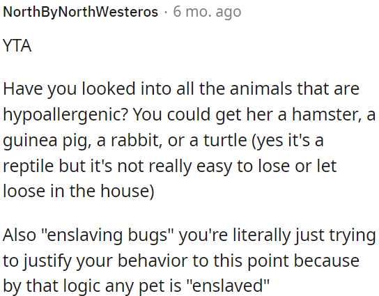 OP should consider getting a hypoallergenic pet like a hamster, guinea pig, rabbit, or even a turtle.