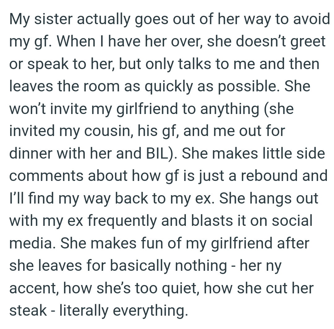 OP's sister hangs out with his ex frequently and blasts it on social media