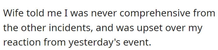 The wife expressed that the husband was never understanding about previous incidents and was upset with his reaction to the recent event.