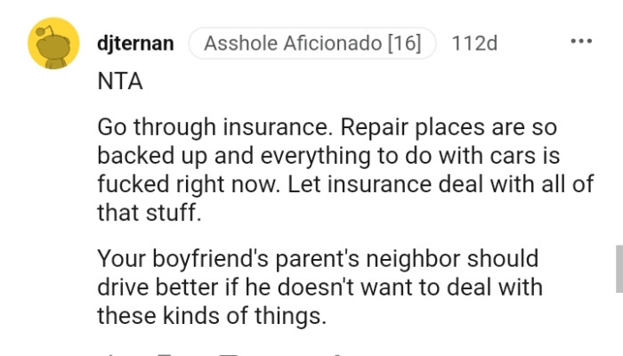Your boyfriend's parents' neighbor needs to learn how to drive better