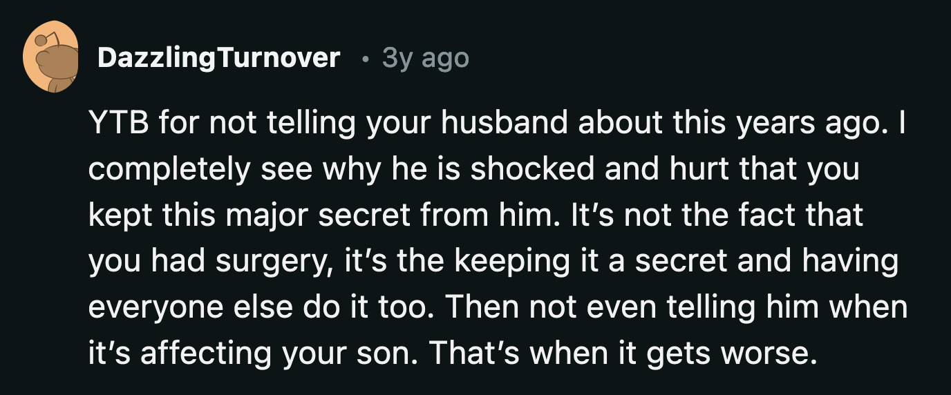 OP could have eased her husband's worries if she wasn't so afraid of her past.