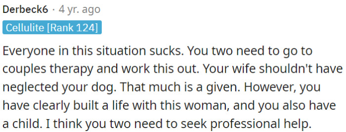 OP's wife's neglect of the dog is wrong, but considering OP has a child and a shared life, professional help is needed.