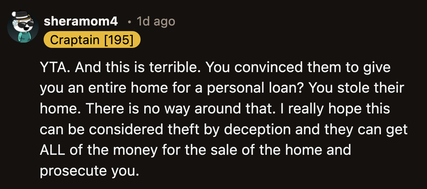 The loan never materialized. OP used their grandparents' money from the sale of their home as the loan and tried to convince them it was a great deal.