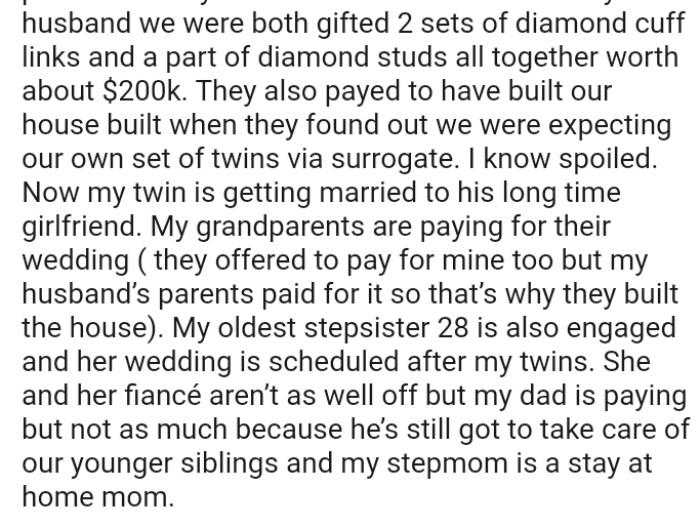 OP's step sister and her fiancé aren’t as well off but their dad is paying