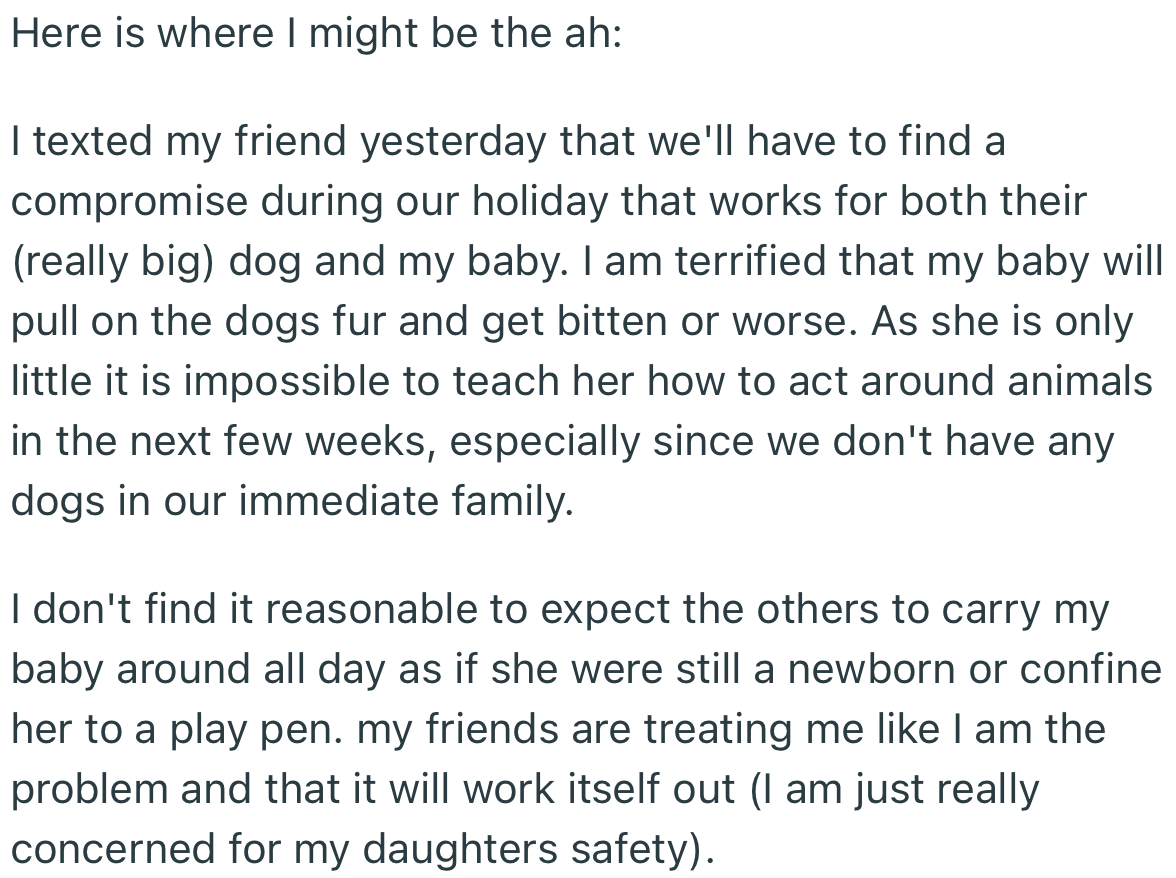 OP texted her friend, insisting that they would need to find a compromise that works for the dog and the baby
