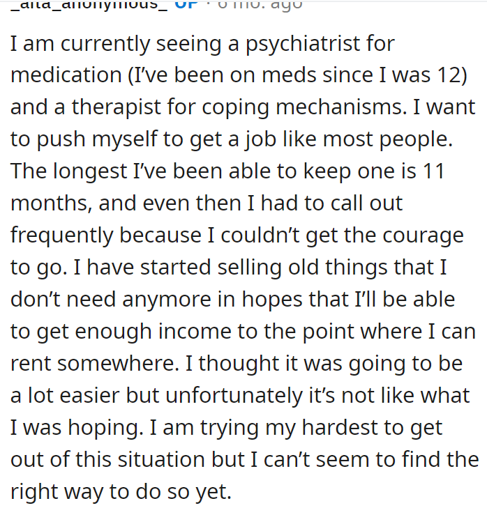 OP gave more information, and it is clear she is in a dire situation.