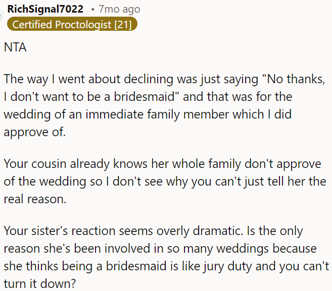 The cousin already knows the family's disapproval, so honesty about declining should be acceptable.