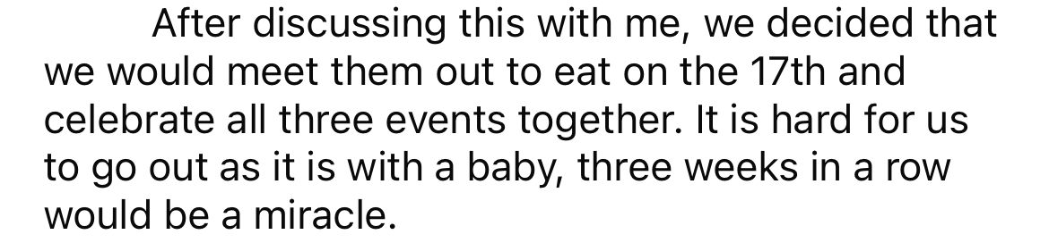 The OP's husband told his mother that they would spend one of the days with them, but that was all they would be able to manage with the baby.