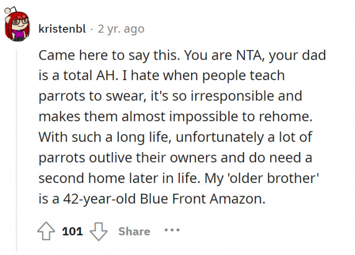 Many parrots outlive their owners and need a second home later. Teaching them to swear makes them almost impossible to rehome—just hope the dad realizes that he is a total A-hole for doing what he did.