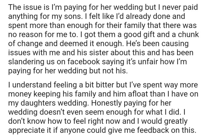 OP Has Decided to Pay for Their Daughter's Wedding as a Way to Make Up for Being Distant. However, This Hasn't Gone Down Well with Their Son, Who Feels OP Is Showing Favoritism