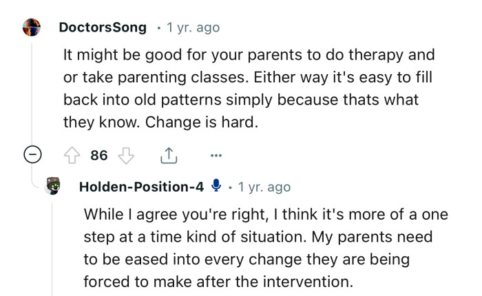 “It might be good for your parents to do therapy and/or take parenting classes.”