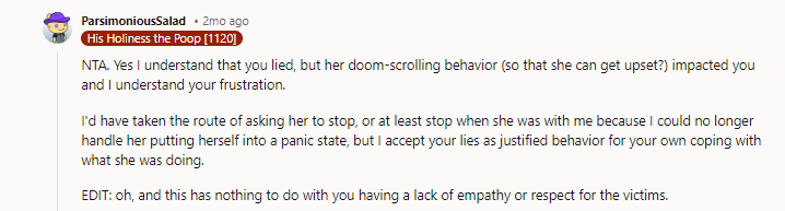 She is not only responsible for making that choice but also for managing her reaction. NTA.