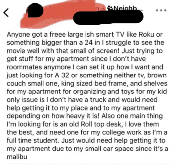 13. I require free furniture and transportation, as well as assistance to bring it in