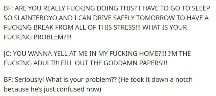 Tensions flare as the boyfriend confronts JC about her behavior, emphasizing the need for rest before their trip, while JC insists on the paperwork, leading to a confusing exchange.