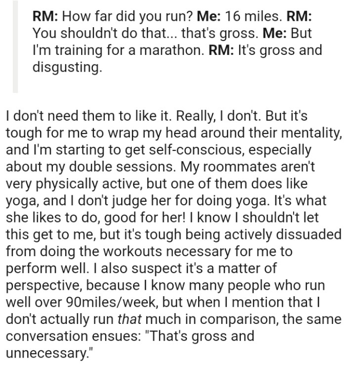 One of them enjoys yoga, and the OP doesn't judge her for practicing it.