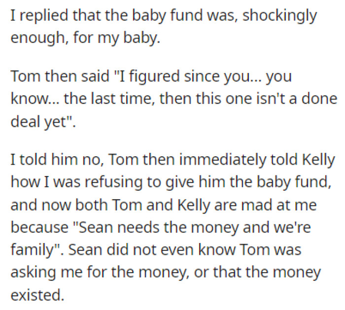 Tom and Kelly Are Mad at OP Because She Doesn't Want to Give Them Back the Baby Money