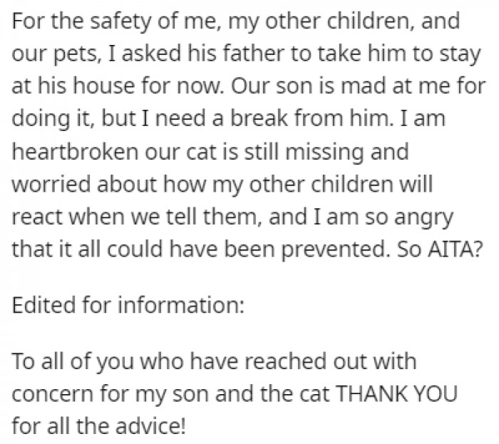 OP asked his father to take him to stay at his house so she can take a break from him