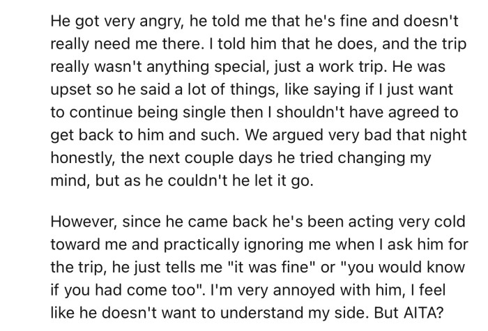OP’s boyfriend got upset and has been acting cold towards her ever since