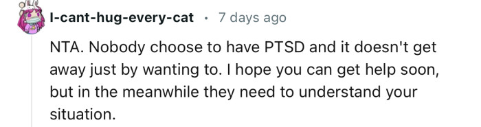 “NTA. Nobody Chooses to Have PTSD, and It Doesn't Go Away Just by Wanting It To.”