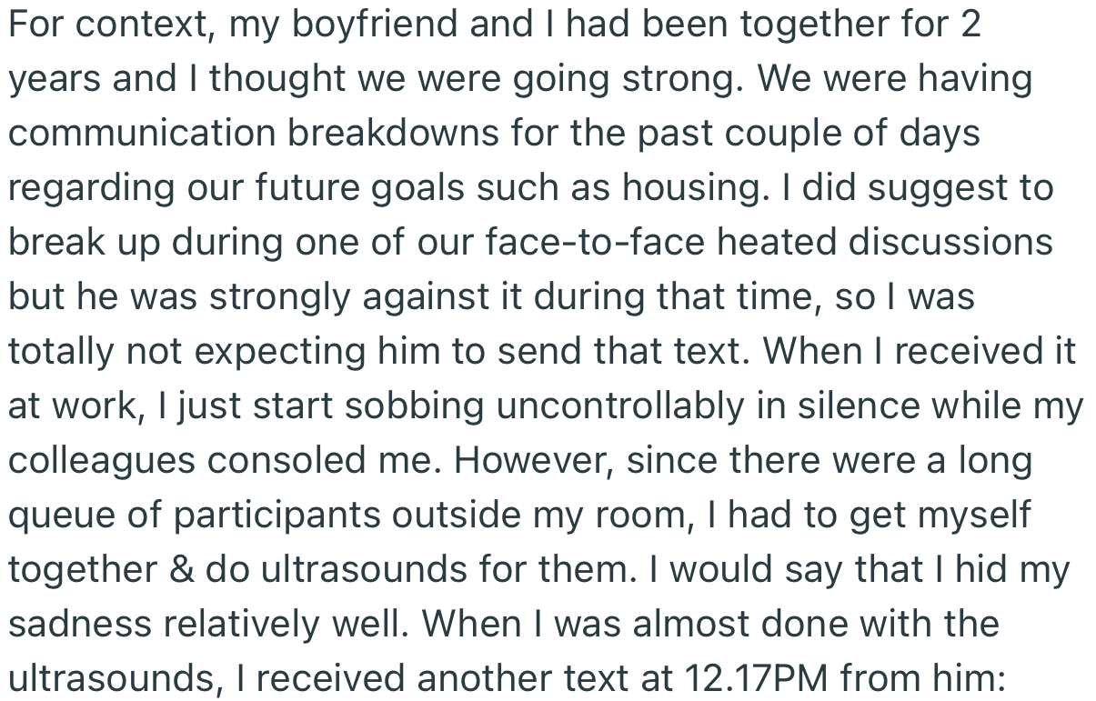 OP was sad but had to focus on attending to work. Not long after, another text came in from her boyfriend
