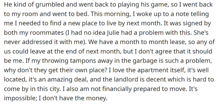 But the next day, both roommates left her a note to move out: