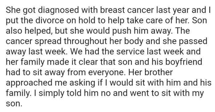 Late wife's brother approached the OP asking if he would sit with him and his family, but he declined