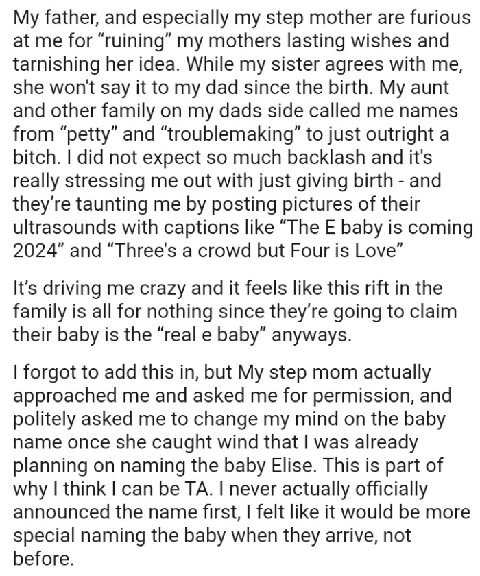 OP's stepmom asked her for permission, and politely asked the OP to change her mind on the baby's name