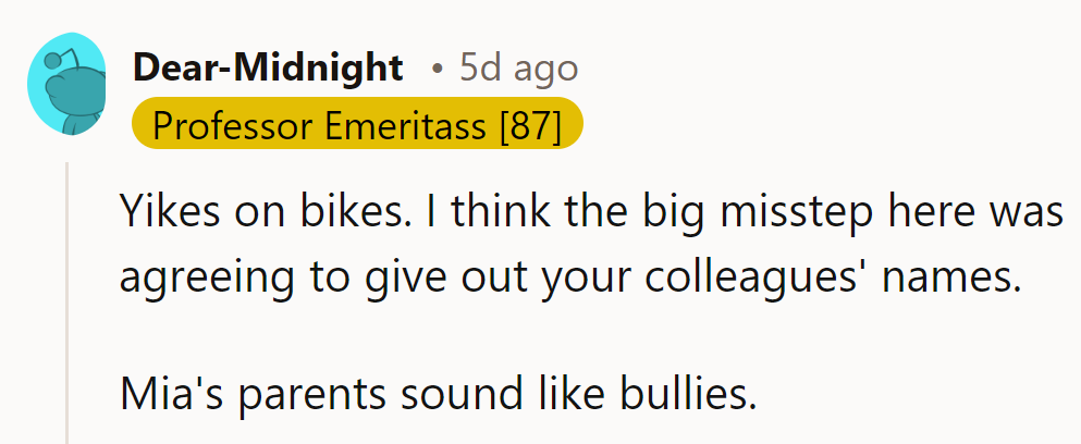 Yikes on bikes! Mia's parents, textbook bullies.