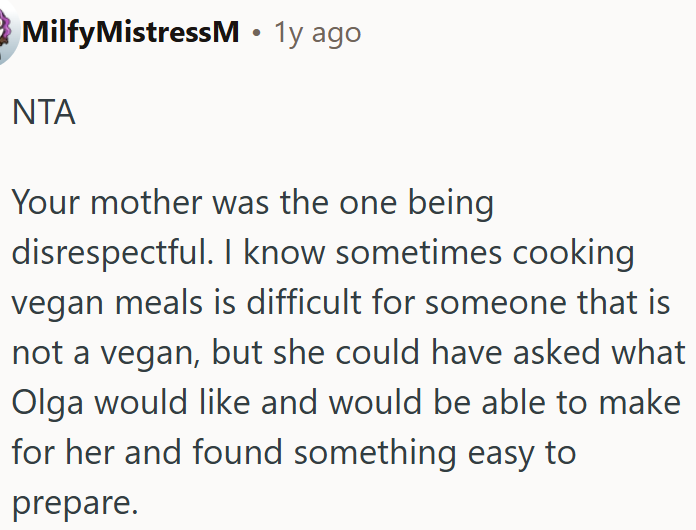 OP's mom was being disrespectful by serving only non-vegan food.