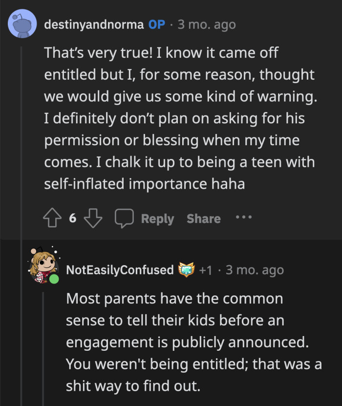 Learning about it at a 400-person event wasn't great. Plus, OP was a teenager then.