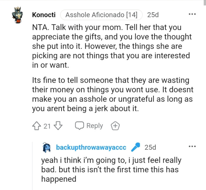 The very first comment advises the OP to talk it out with her mom