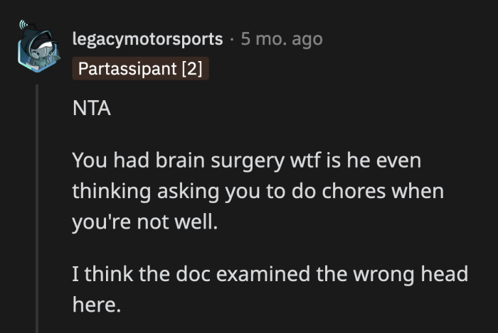 OP should leave her partner her neurosurgeon's business card.