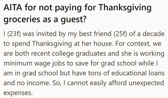 A longtime friend heads into Thanksgiving assuming she’s a guest, not a contributor.