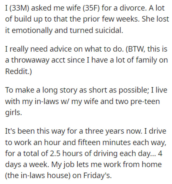OP Recently Asked His Wife for a Divorce, and She Turned Suicidal