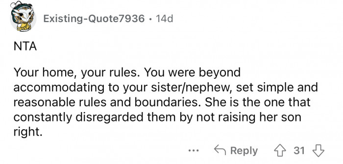 The sister ruined her chance by allowing her son to behave that way.