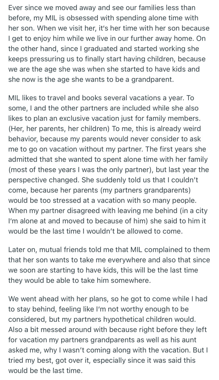 OP’s MIL planned a vacation for the family, but excluded them from the trip the first time
