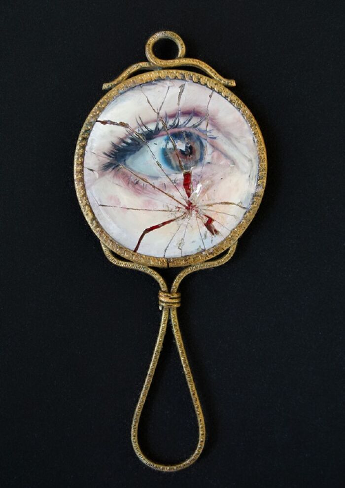 "Oil on glass with resin sculpture in vintage frame."
