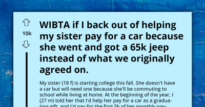 Generous Brother Offers $5k to Help Younger Sister Buy Used Car for College, Backs Out When Their Parents Talk Her Into $65k Jeep They Can't Afford