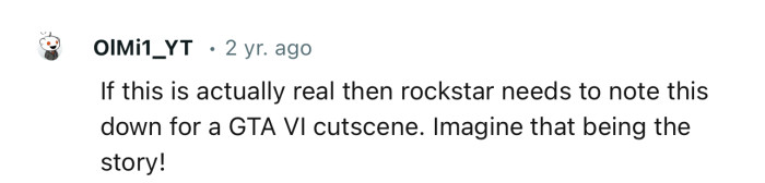 “If this is actually real, then Rockstar needs to note this down for a GTA VI cutscene.”