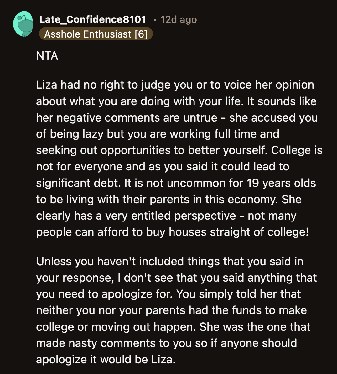 How rude of Liza not to realize she needs to apologize to OP, her husband, and their parents for equating their economic status with a moral failing.