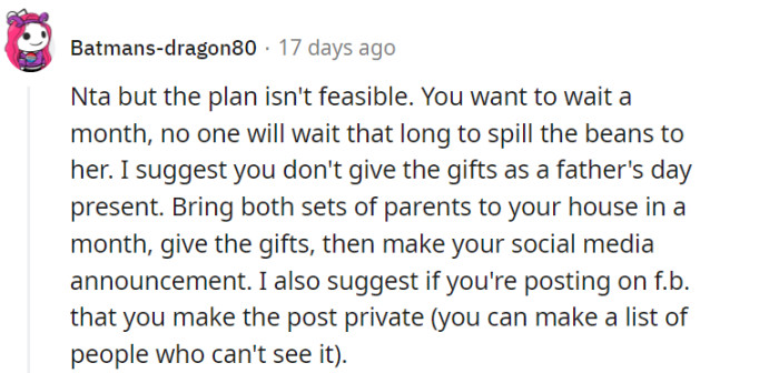 You're not the asshole for wanting to find a feasible plan that allows you to control the timing of the pregnancy announcement and avoid potential complications with Becky. Hosting a private gathering with both sets of parents, sharing the gifts, and then making a restricted social media post can be a practical solution to ensure the news is revealed on your own terms.