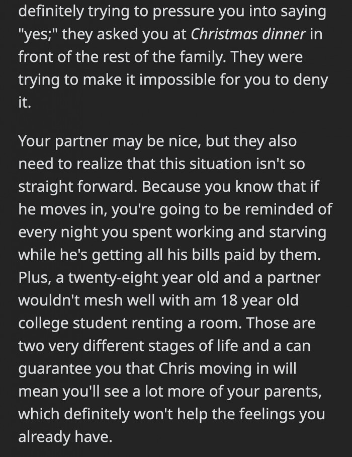 OP’s partner should take on another perspective to truly understand where he is coming from and how it would be to live with Chris.