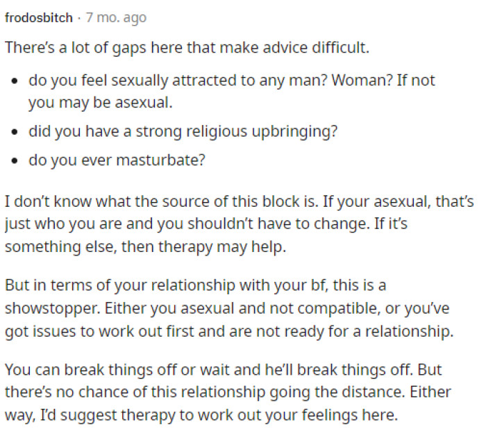 This person was heavily suggesting therapy for her here, but overall told her that the relationship probably wouldn't last much longer.
