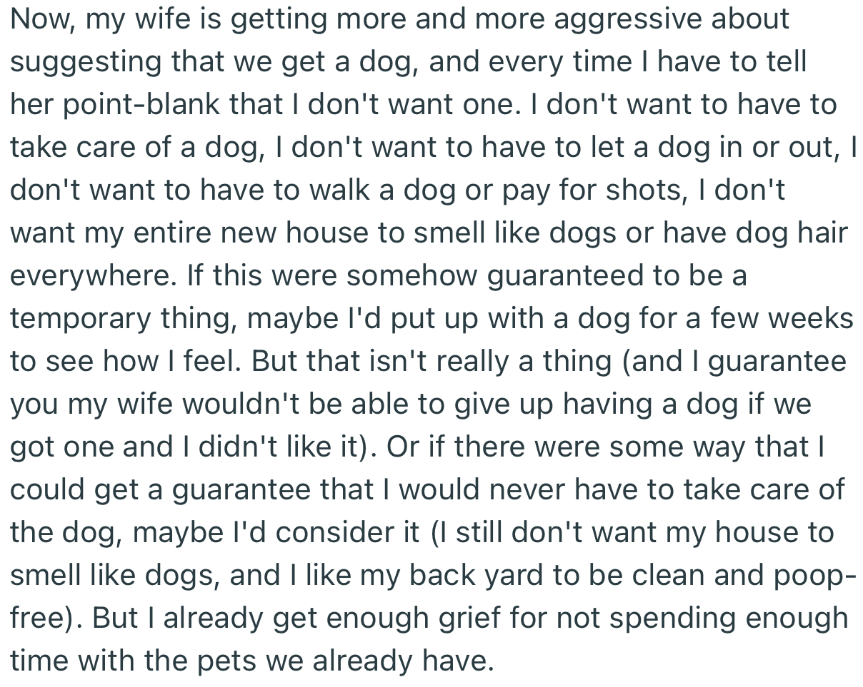 After getting the rabbit, OP’s wife got even more aggressive about adding a dog to their household, which OP was still opposed to