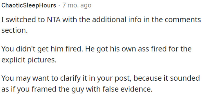 OP didn't cause his firing; he did that himself with the inappropriate photos.