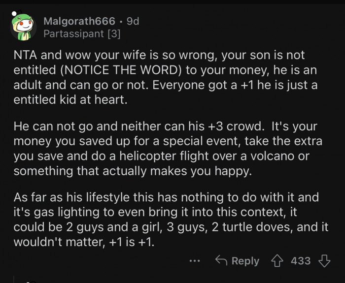 OP's stepson is an adult and is not entitled to OP's money.
