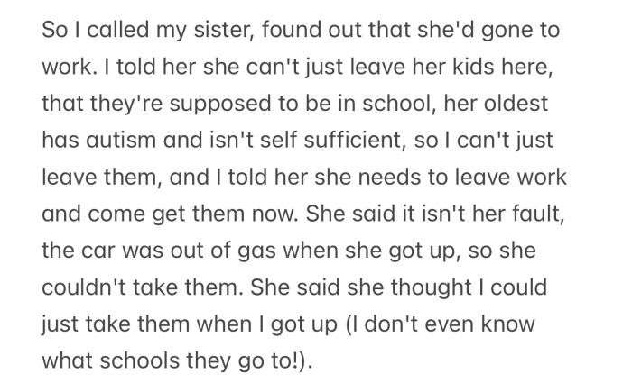 The sister assumed that OP would take over and simply left.